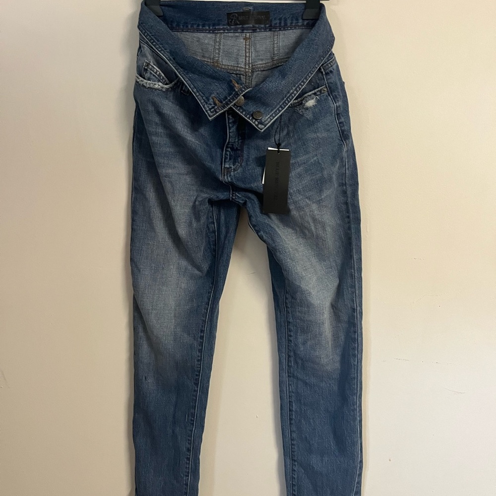 Blue revival fold over straight leg jeans